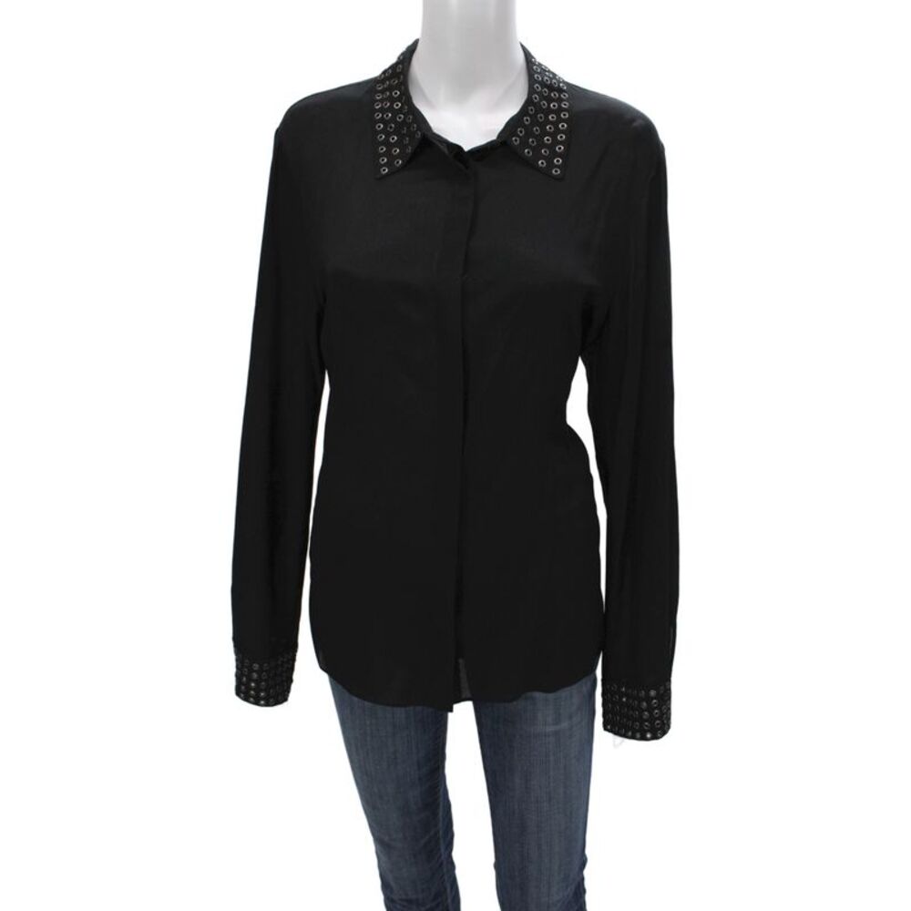 Alice + Olivia Women Silk Collared Button-Up Long Sleeve Black Size XL